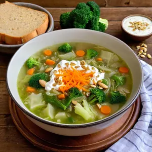 Щи с брокколи и кедровыми орешками