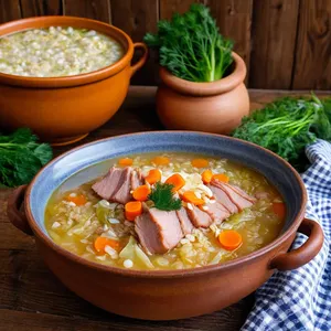 Щи с копченой грудинкой и перловкой