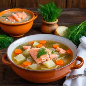 Щи с копченым лососем и укропом