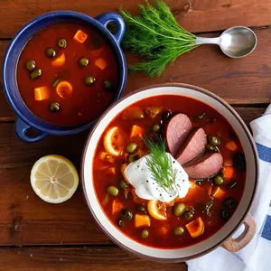 Солянка с колбасой и маринованными огурцами