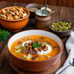 Солянка с копченой грудинкой и лисичками