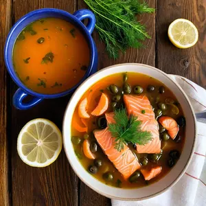 Солянка с копченым лососем и укропом