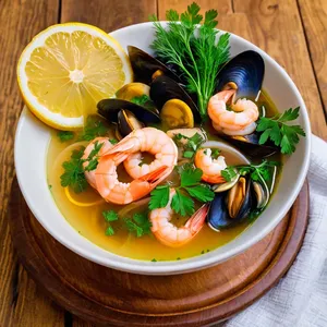 Солянка с морепродуктами и лимоном