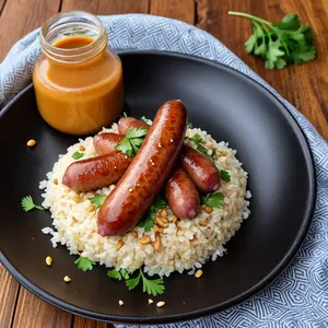 Сосиски с арахисовым соусом и жареным луком-шалот