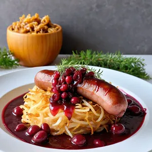 Сосиски с брусничным соусом и жареным луком