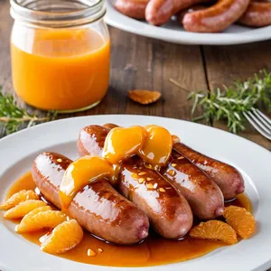 Сосиски с медово-апельсиновым соусом и жареным миндалем
