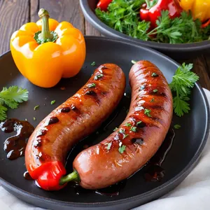 Сосиски с печеным перцем и бальзамиком