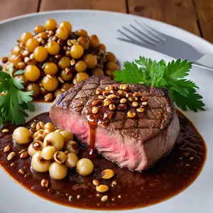 Стейк с соусом из крыжовника и жареными кедровыми орешками