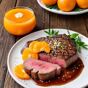 Стейк с соусом из мандарина и жареным кунжутом