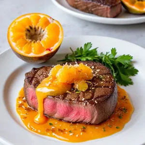 Стейк с соусом из маракуйи и жареным кокосом