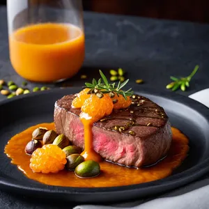 Стейк с соусом из морошки и жареными фисташками