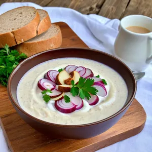 Тюря с копчёной грудинкой и зелёным яблоком на квасе