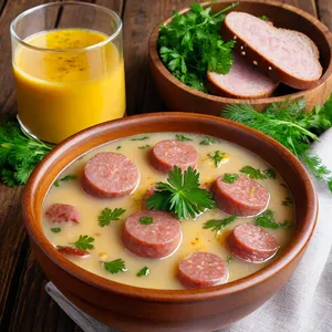 Тюря с копчёной колбасой и горчицей на квасе