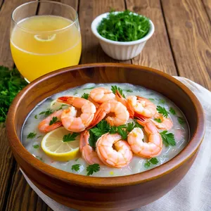 Тюря с копчёными креветками и лимоном на квасе