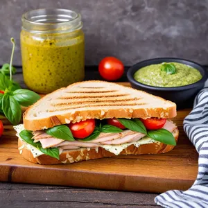 Тост с копчёной курицей и соусом песто