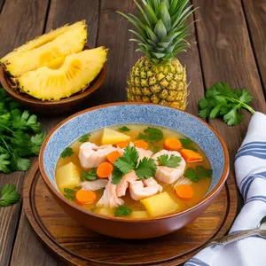 Уха из кефали с ананасом и кинзой