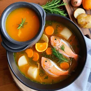 Уха из кеты с апельсином и розмарином