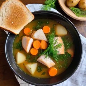 Уха из хариуса с черемшой и перцем