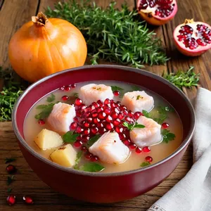 Уха из морского черта с гранатом и чабрецом