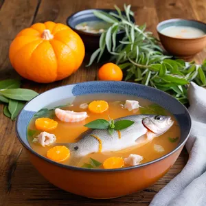 Уха из морского окуня с мандарином и шалфеем