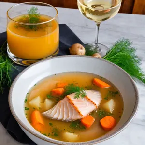 Уха из осетра с шампанским и укропом
