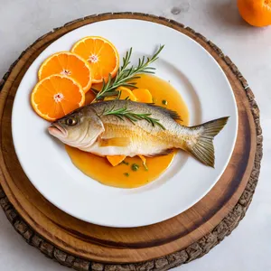 Варёный сибас с мандарином и розмарином
