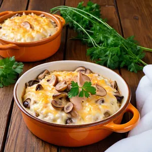 Жюльен с грибами и копченой курицей под сырной корочкой